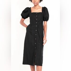 Old Navy Black Button-Front Puff Sleeve Midi Dress NWT